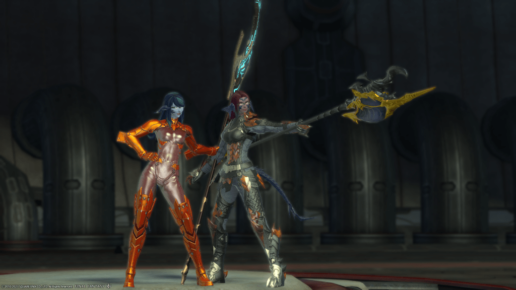 Lizicus & Laureine, both Au Ra's from Final Fantasy XIV as Dragoons in their own way battle posing.