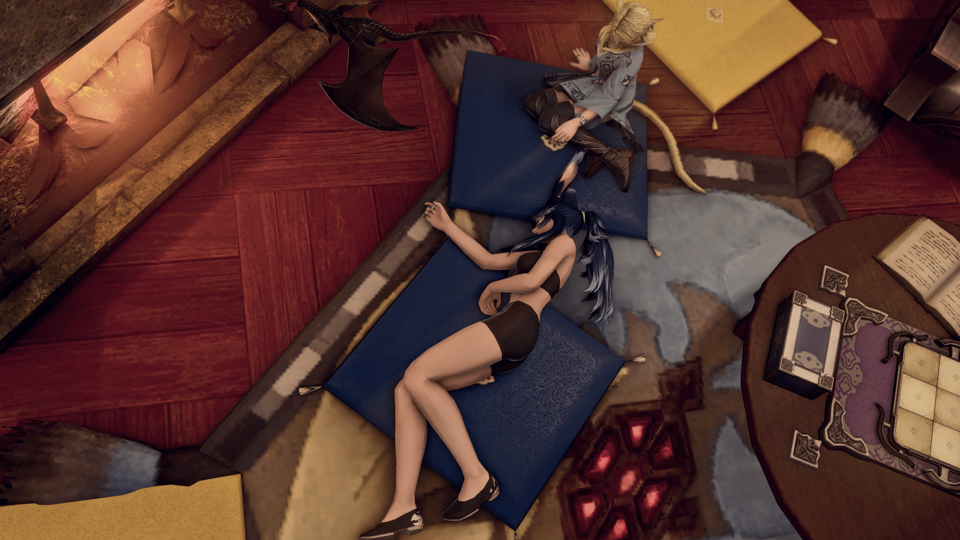 Me zonked out on several throw pillows in front of a fireplace while the Little One Looks at me in Final Fantasy XIV.