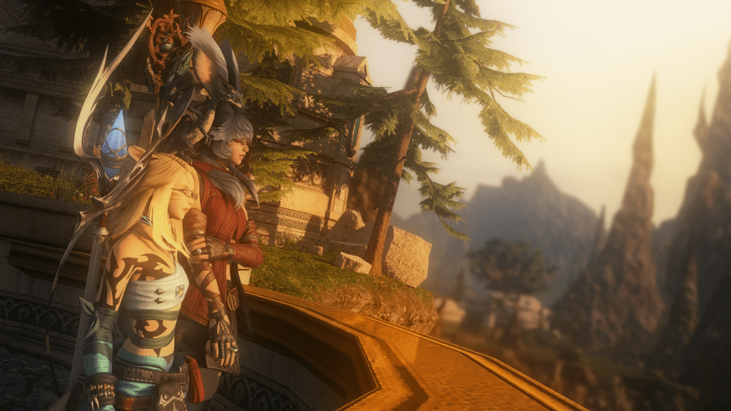 The Little One and I looking at a warm orange sunset in Final Fantasy XIV.