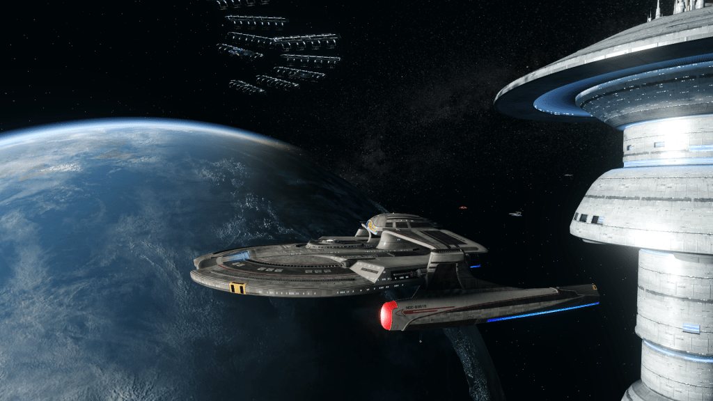 The U.S.S. Astera in orbit just above Earth.