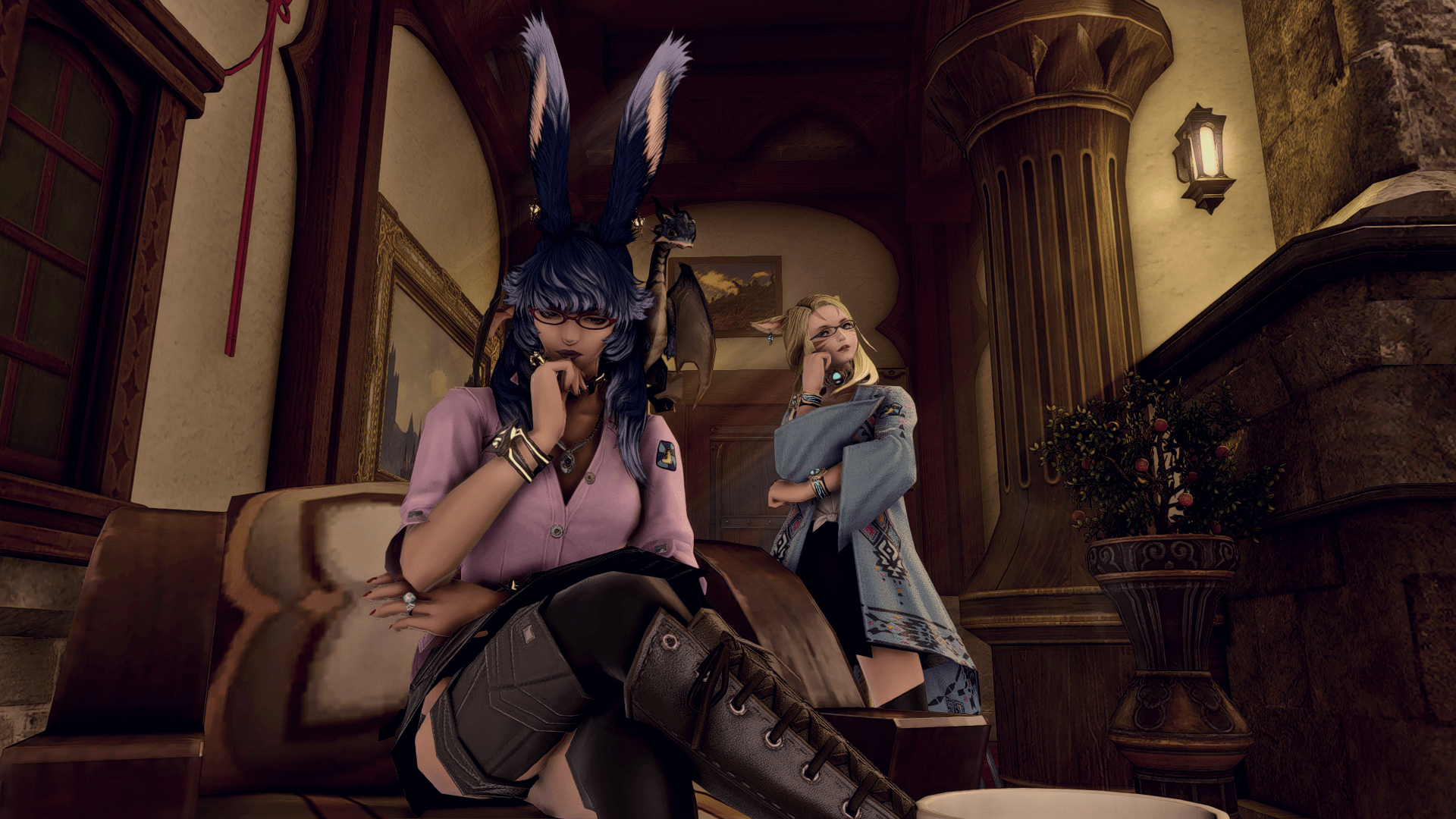 Aiki and I deep in thought inside EOCA HQ in Final Fantasy XIV.