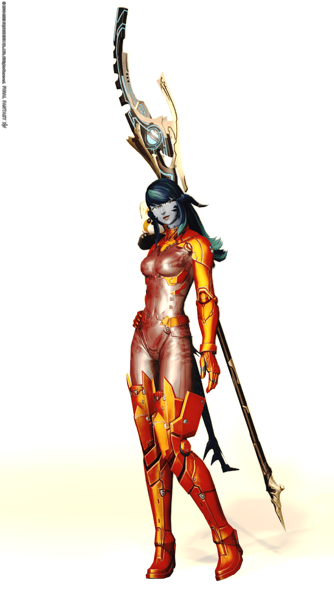 Laureine in the Late Allagan of Maiming full bodysuit without the helmet.