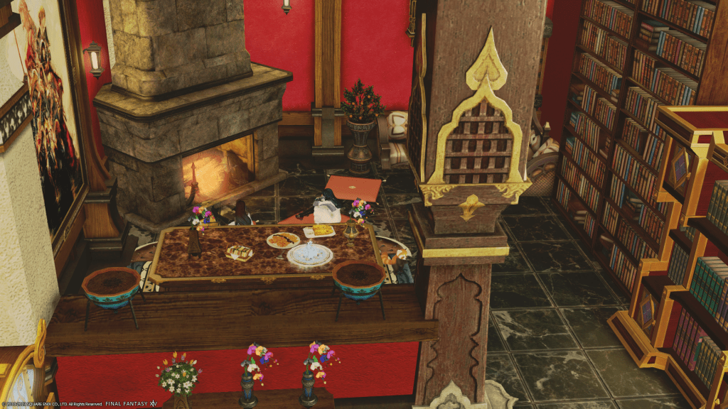 Laureine and her cousin, Lizicus, sitting in front of a fireplace showing off everything behind them in Final Fantasy XIV.