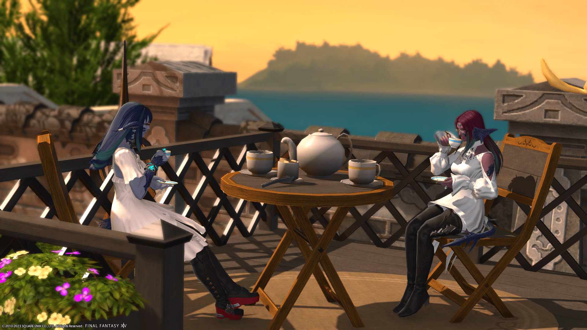 Laureine and her cousin, Lizicus having tea on a deck during a sunset in Final Fantasy XIV.