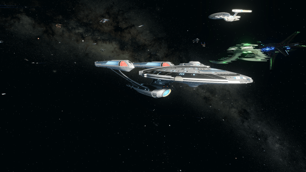 Starboard side of the U.S.S. Astera II with starships in the background.