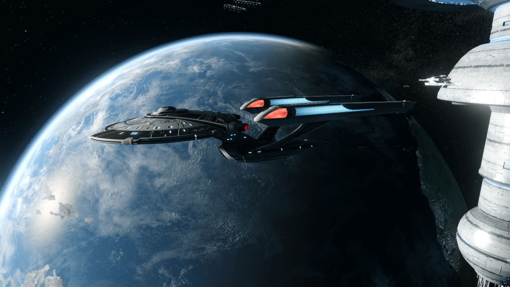 Port Side of the U.S.S. Astera II while in orbit above Earth.