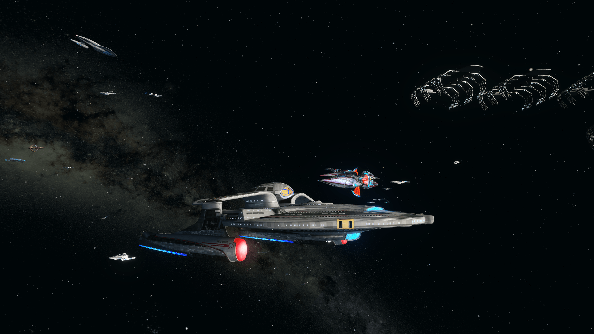The original U.S.S. Astera in space with starships in the background.