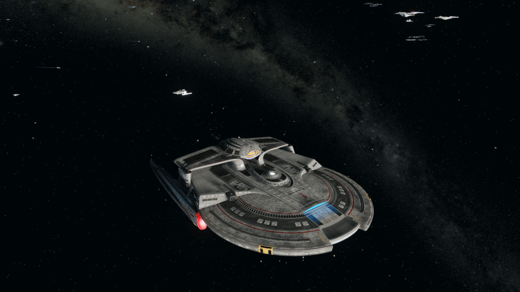 The original U.S.S. Astera as seen from the top-front in space.