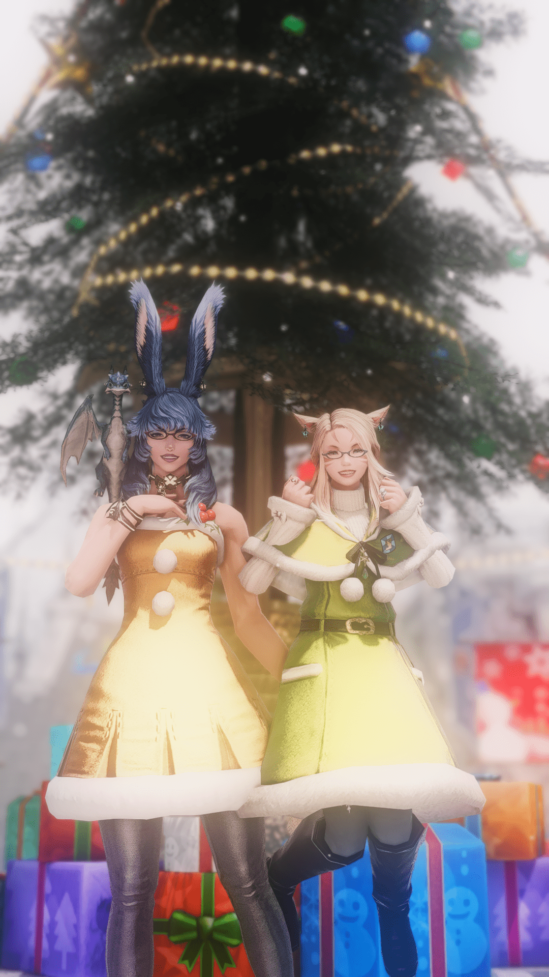 Aikirees and I donning holiday outfits in front of a holiday tree with presents below it.