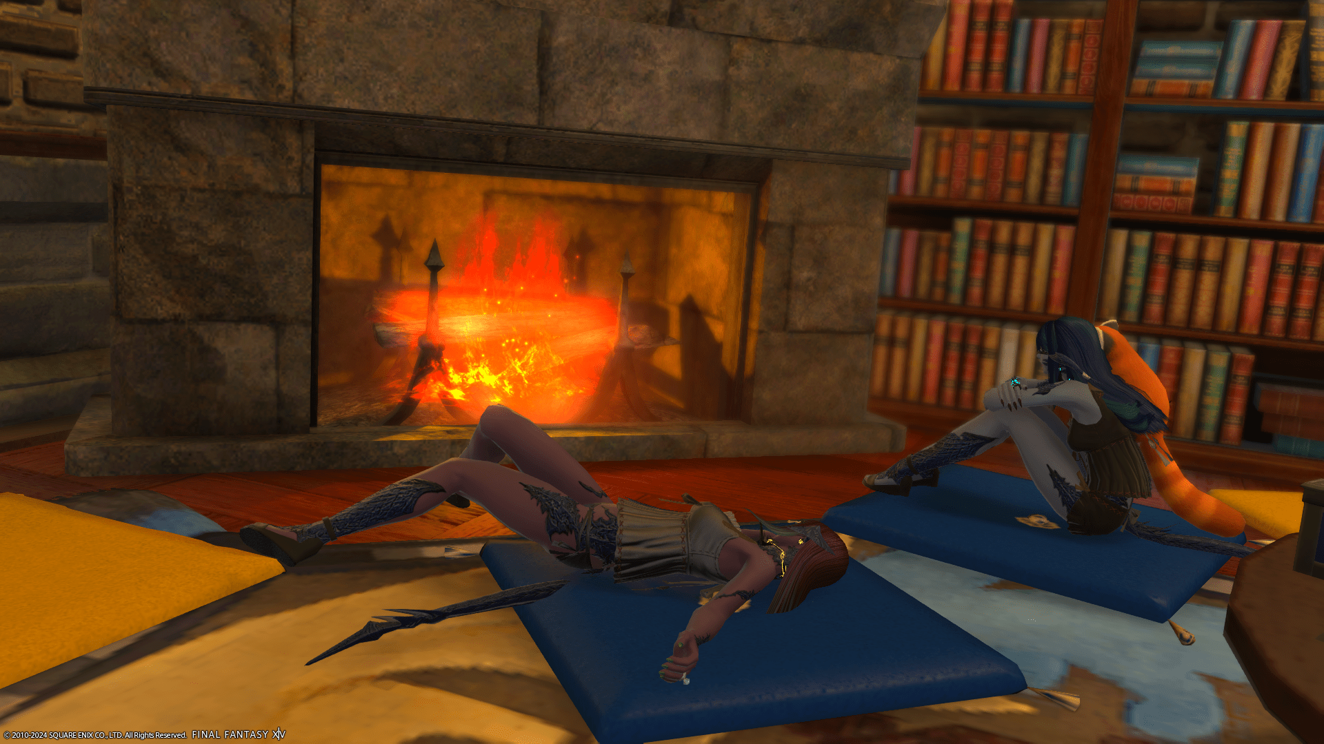Lizicus and Laureine basking in front of a large stone fireplace.