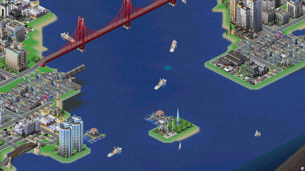Isometric Aerial View from SimCity 3000 showing the mouth of a river into the sea with a small island at the mouth with a lot of ships coming into port.