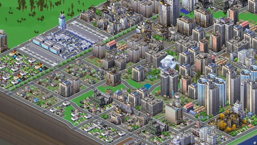 Isometric Aerial view from SimCity 300 showing residential districts and an airport.