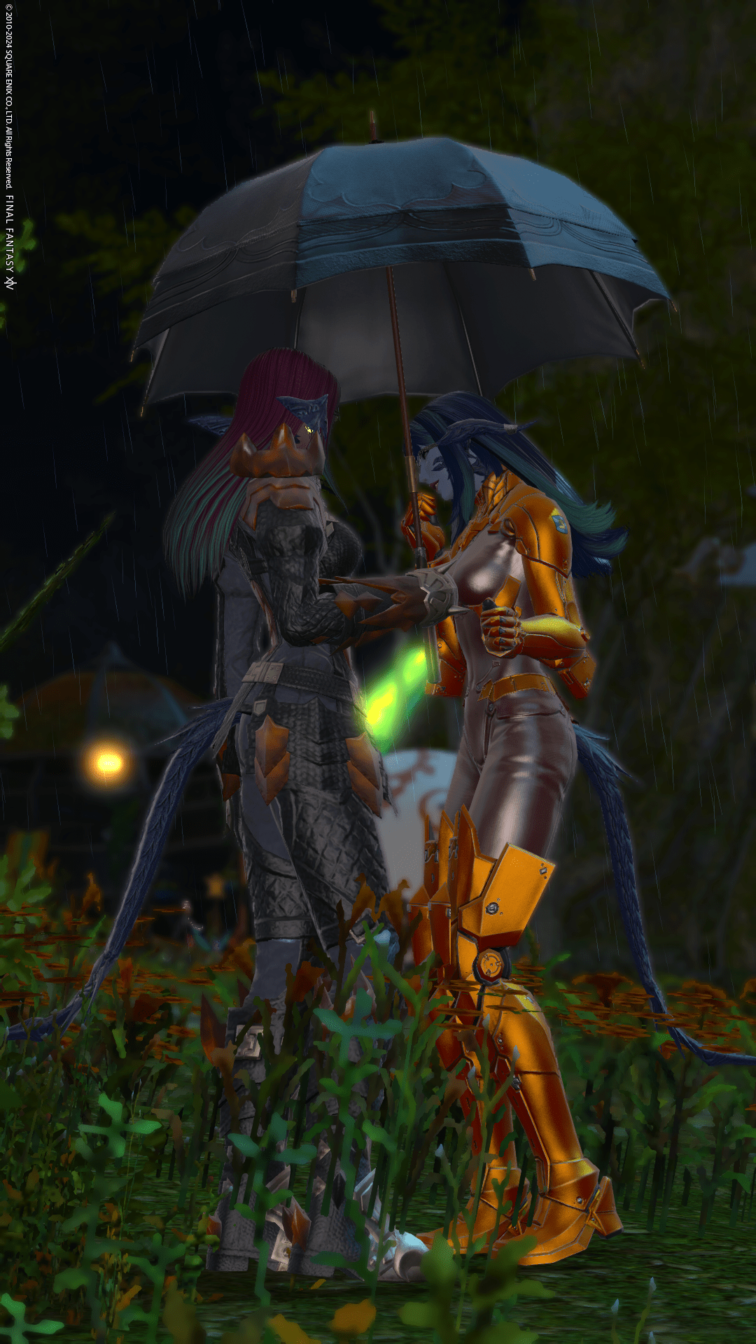 Lizicus holding an umbrella over Laureine in the Rain at night time.