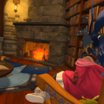 Me sitting in a rocking chair looking over at a fireplace with bookshelves off to the right and a coffee table on the left.