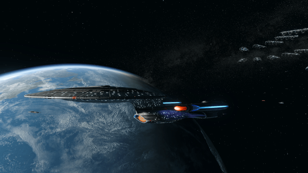 The Port Side view of the U.S.S. Astera IV in orbit above Earth.
