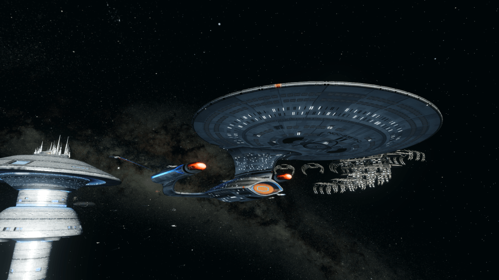 The Starboard Ventral Side view of the U.S.S. Astera IV with Earth Space Dock in the background.