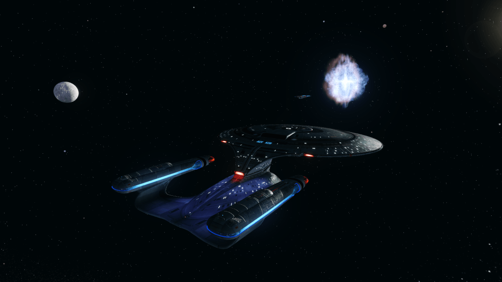 Starboard Dorsal view of the U.S.S. Astera IV in space.