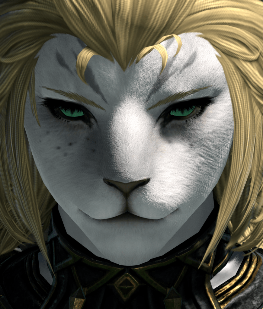 A potential future where Aikirees is a Hrothgar. Very close up of her face.