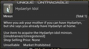 Item description for the Hydaelyn Idol minion.