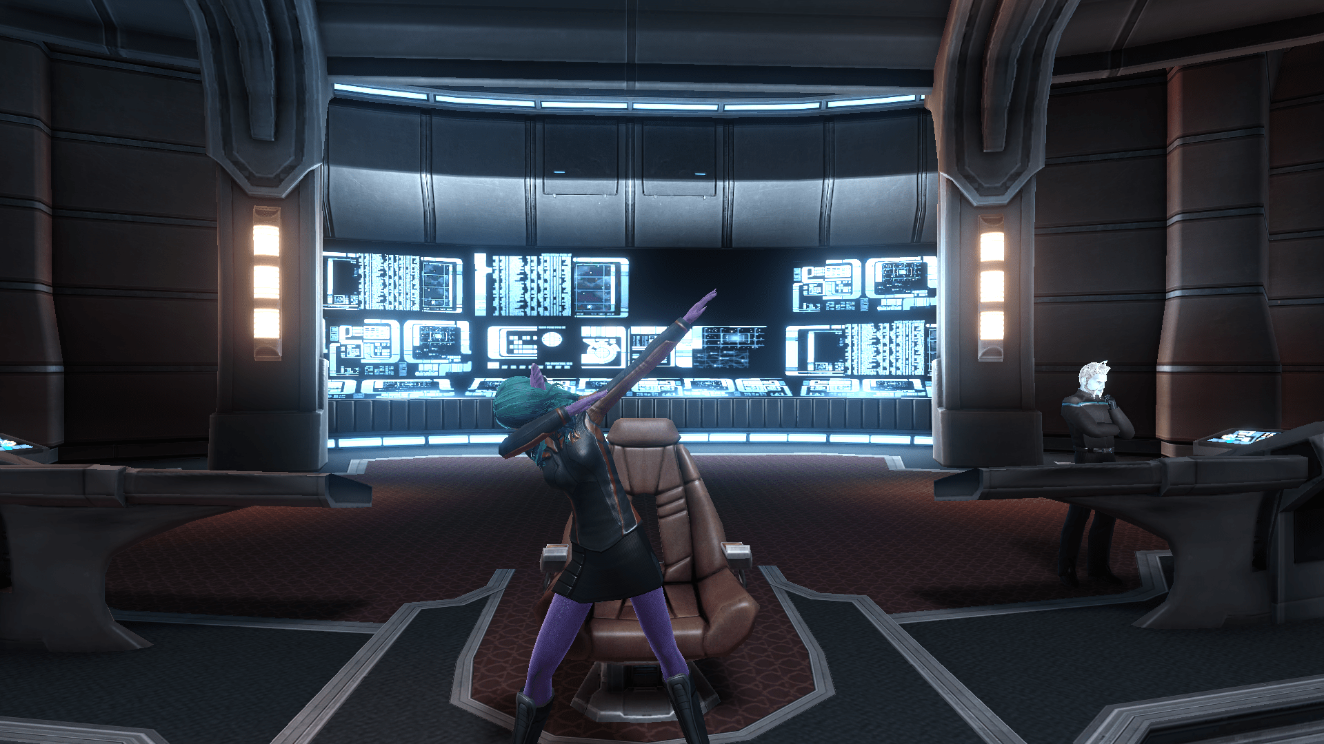 Captain Cellestia on the Bridge of the U.S.S. Astera VI, in front of the captain's chair, dabbing.