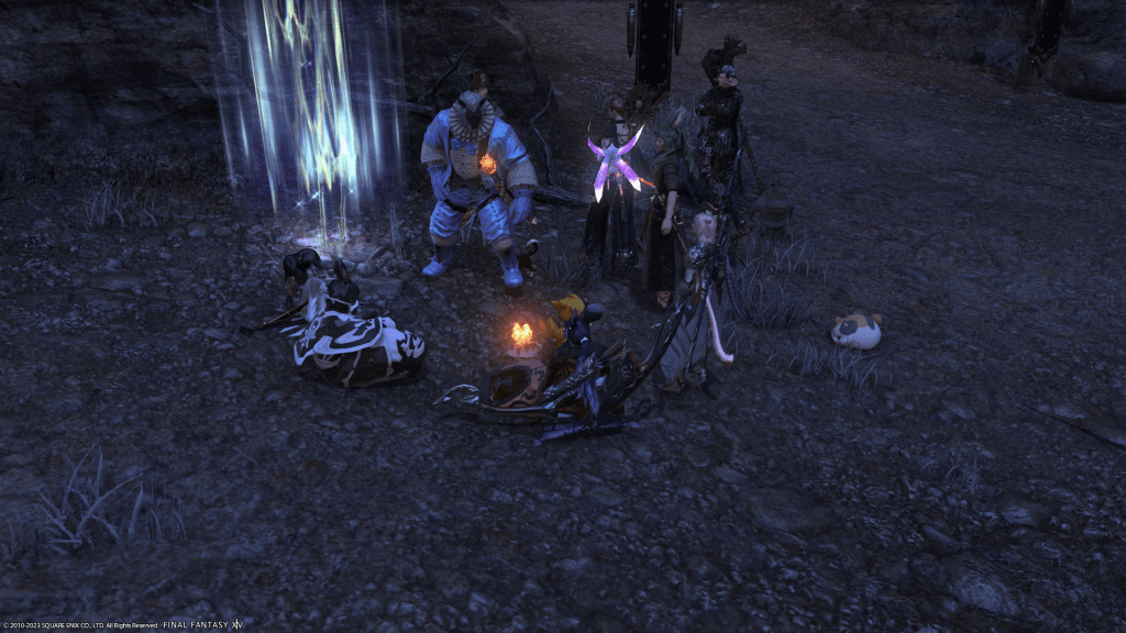 A group of us gathered around a campfire before entering the last tier of Coils of Bahamut.