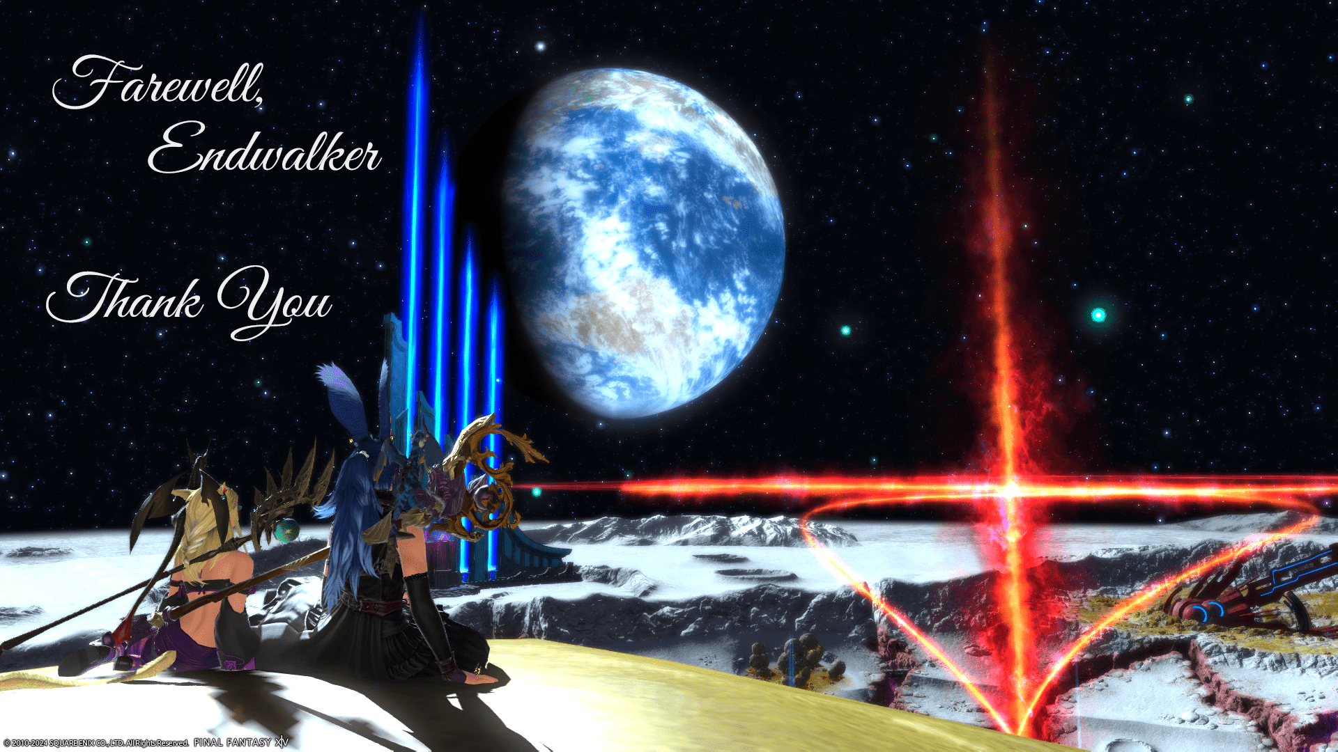 Aikirees and I on the Moon looking out at Eheirys with the message 'Farewell, Endwalker. Thank you.'