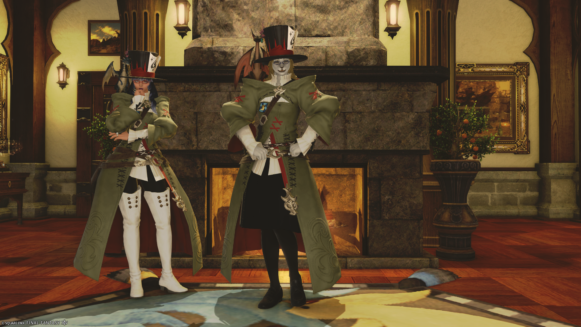 Aikirees and I wearing long green tailcoats, with fancy top hats and Aikirees posing for the photo.
