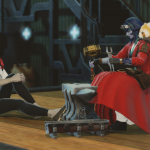 Elizara watching attentively as Laureine crafts on an anvil.