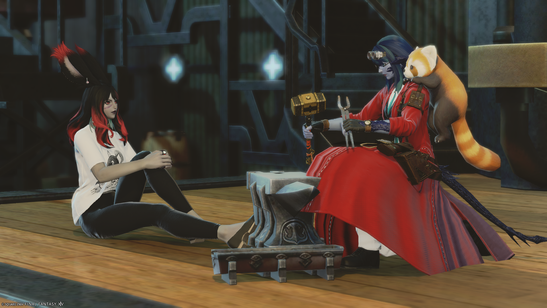 Elizara watching attentively as Laureine crafts on an anvil.