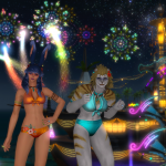 Aikirees and I at the Moonfire Faire for 2025 with fireworks in the background.