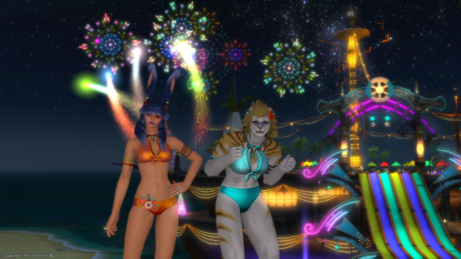 Aikirees and I at the Moonfire Faire for 2025 with fireworks in the background.
