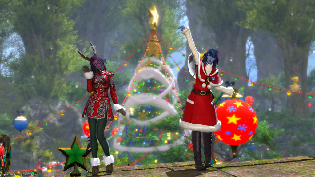 Lizicus and Laureine dressed in Starlight Attire in front of a large Starlight Tree.
