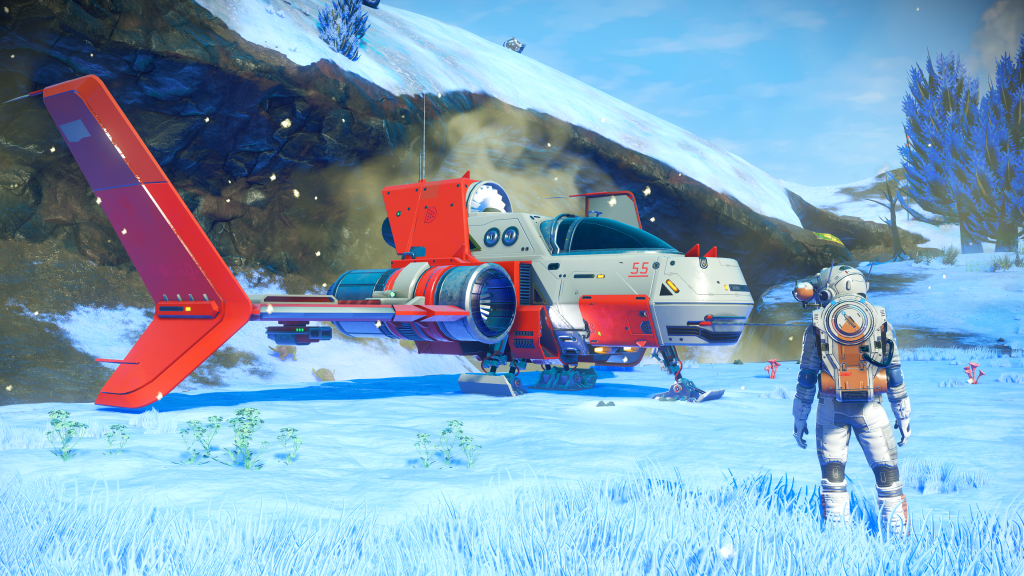 No Man's Sky starter ship on an icy planet.