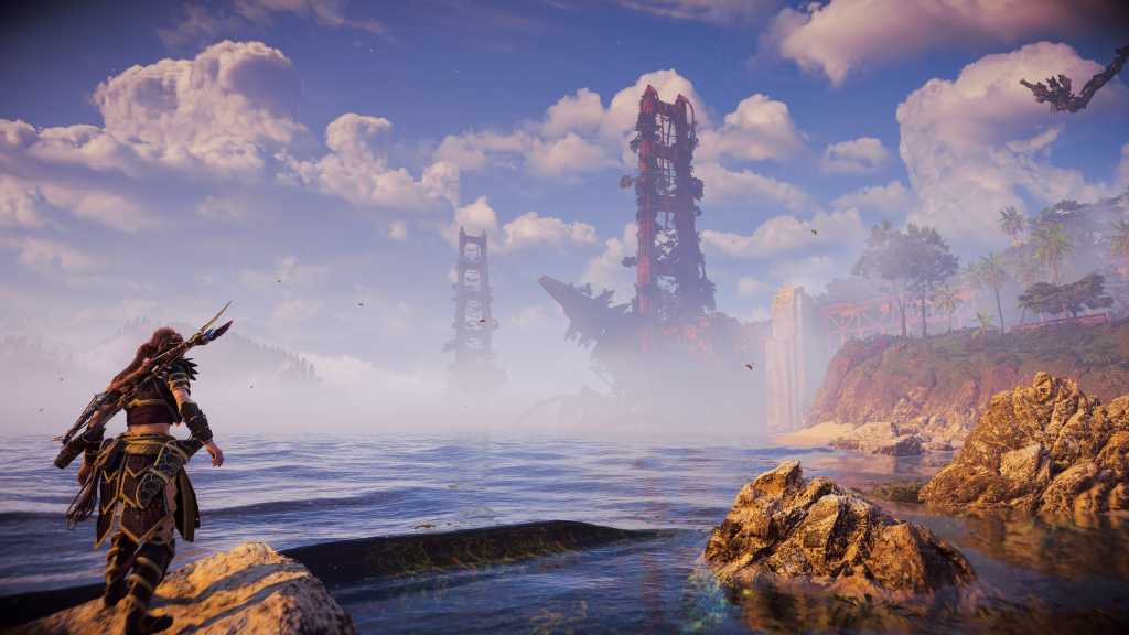 Aloy looking over San Francisco Bay at the ruins of the Golden Gate Bridge.