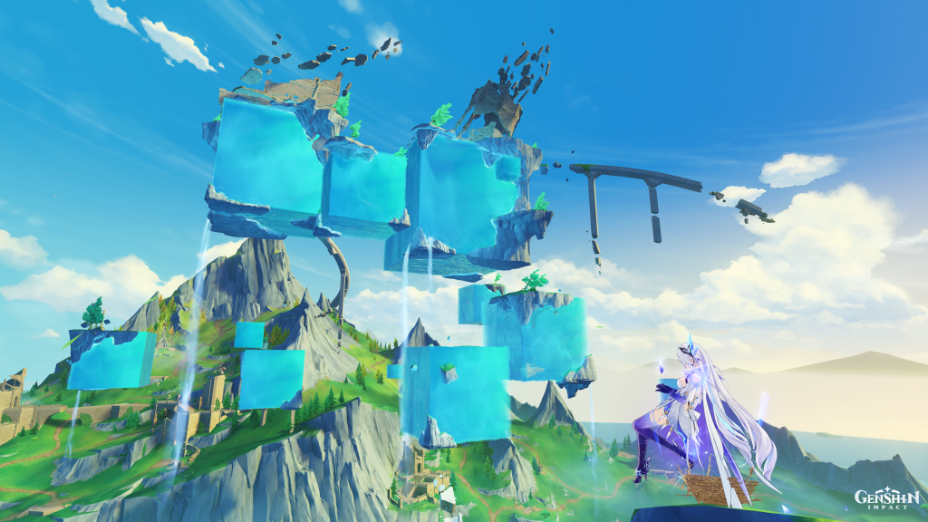 Screenshot of a Landscape view from Genshin Impact showing a mountainside with floating water cubes.