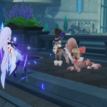 The character Skirk floating in front of two very well fashioned dogs from Genshin Impact.