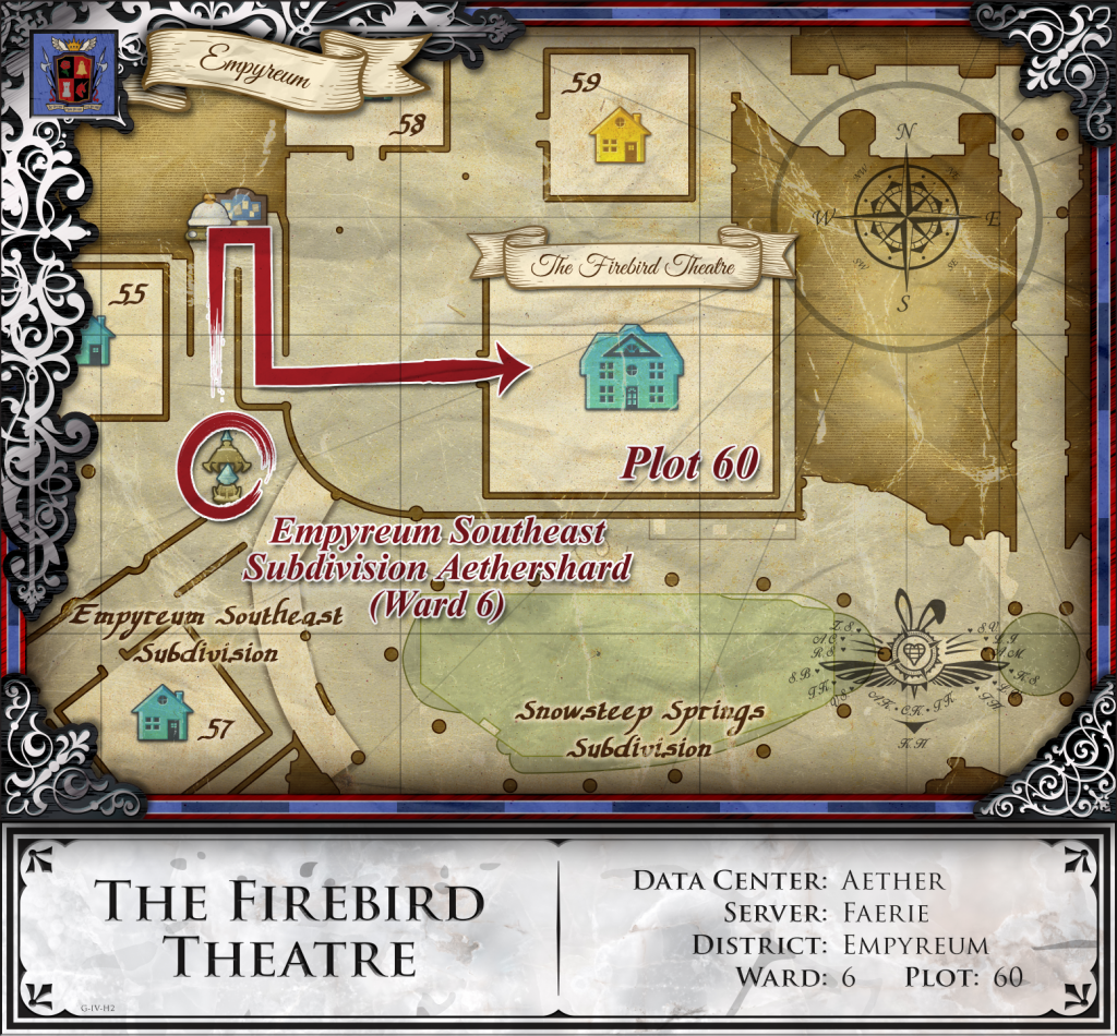 Hand-Drawn map depicting how to get to The Firebird Theatre within Final Fantasy XIV.