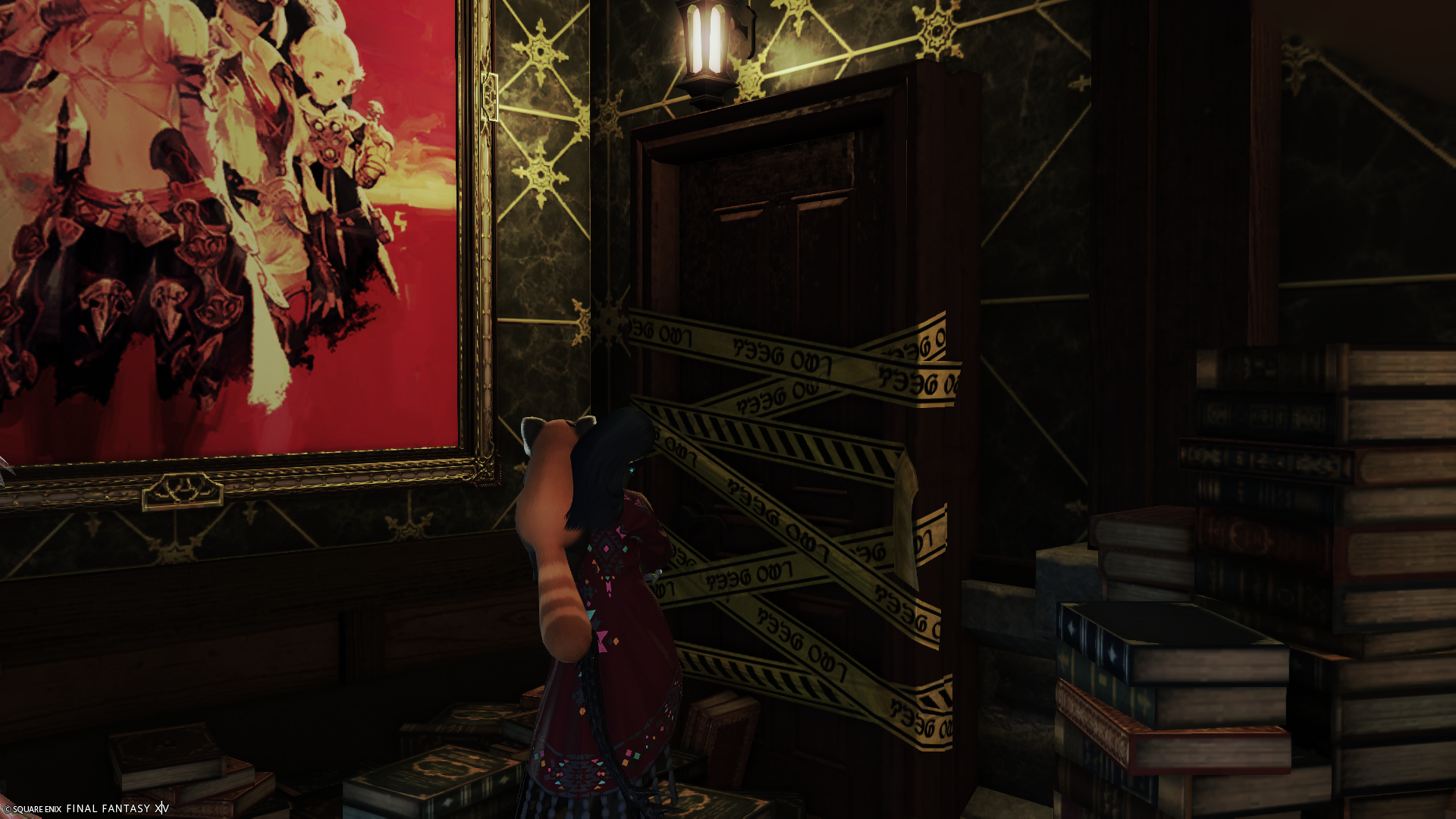 Laureine looking at the Forbidden Section's doorway inside The Archives.