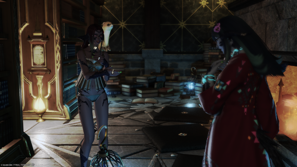 Lizicus discussing future plans with Laureine in The Archives.