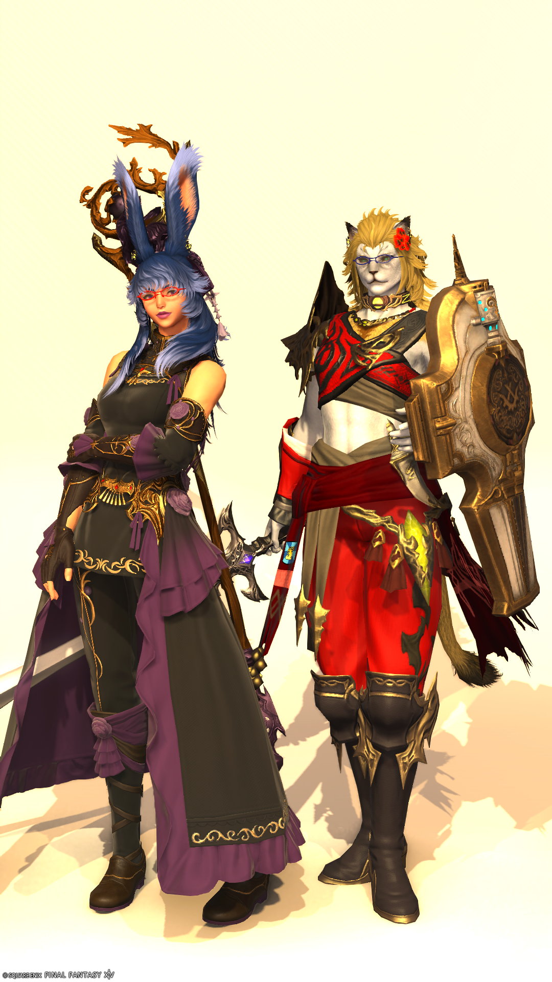 Aikirees and I in new attire for Black Mage and Paladin.