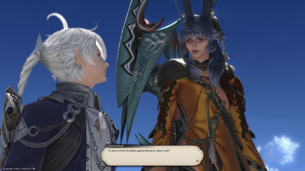 Alphinaud remarking on how the floating island is being towed towards the mother airship similarly to how Cid did this in Heavensward during the Bismarck fight.