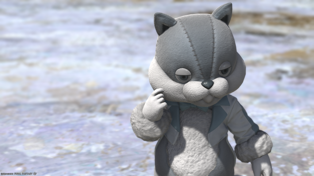 Calyx in his squirrel doll form reacting "innocently" to Halmarut's inquiry about helping us.