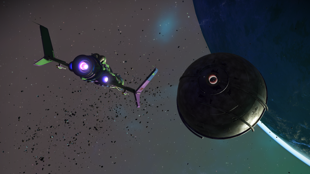 The Nobicus Flyer approaching the Anomaly in No Man's Sky.